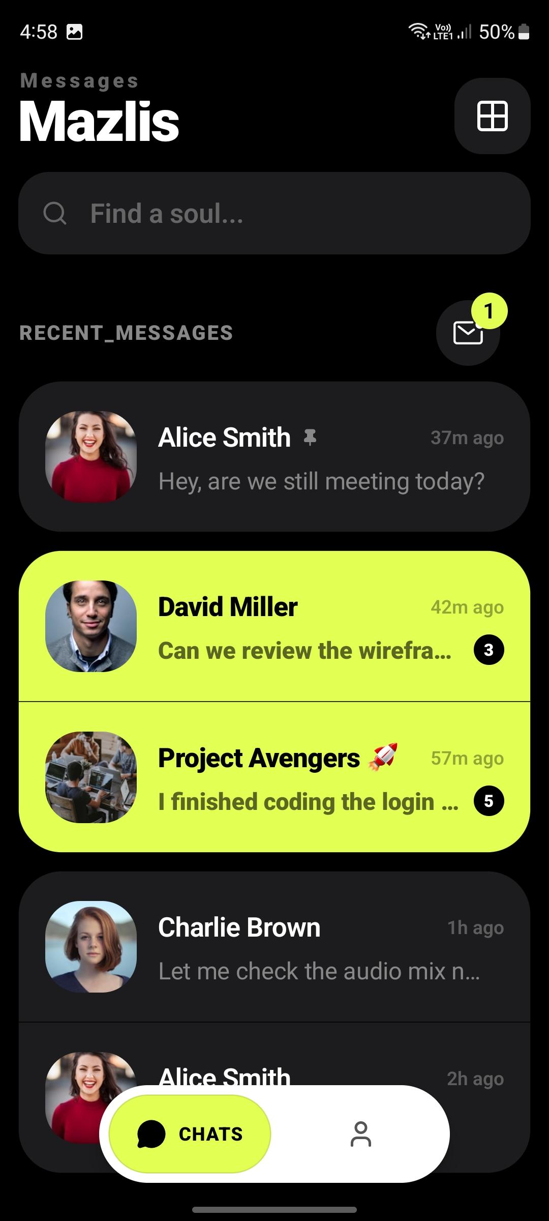 Mazlis mobile application home screen